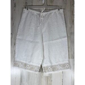 Hot Cotton by Marc Ware Capri Pants Size Medium White Linen Gold Embroidered Hem